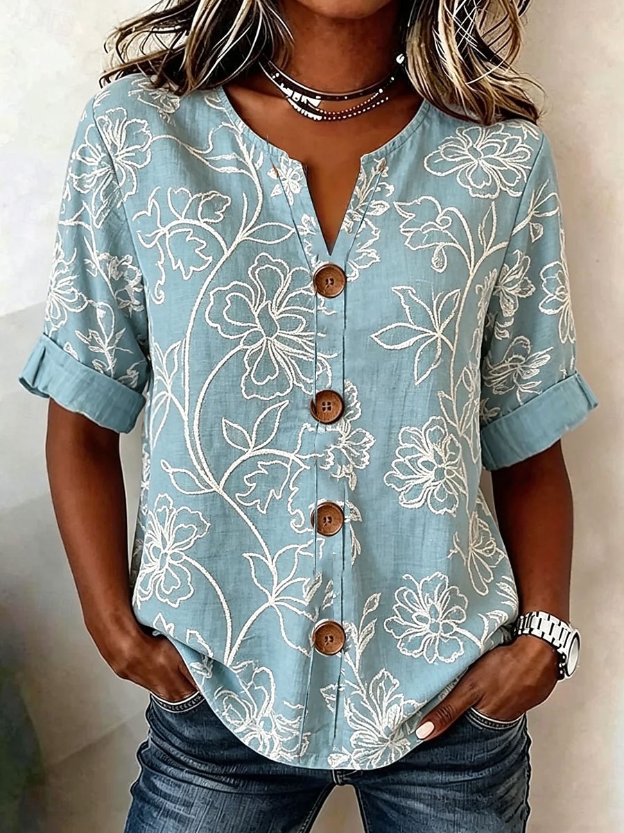 Dam Skjorta Mönster Blommig Grafisk Elegant Vintage Stylish Kortärmad Halvlång ärm V-hals Vanliga toppar Ledigt Dagligen Helgdag Blå Rodnande Rosa Grön Kaki Sommar Vår 2026 - $33.99 –P2