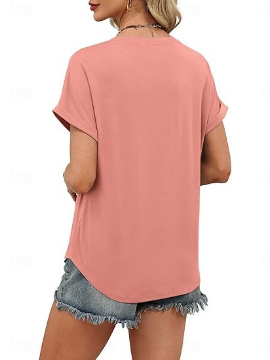 Femmes T-shirt Uni Mode Élégant Classique Manche Courte Col en V Hauts Réguliers Quotidien Sortir Week-end Bleu Noir Blanche Rose Claire Rouge Été Printemps de 2026 ? $19.99 –P15