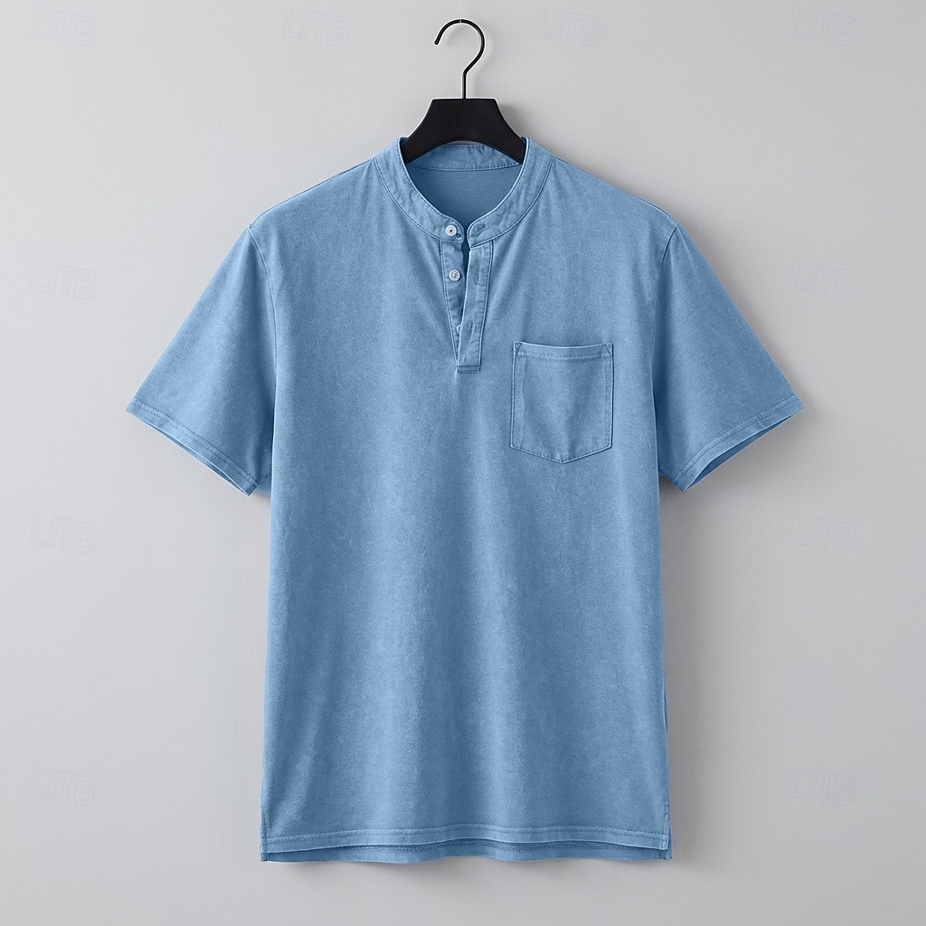 Men's Henley Shirt 100% Cotton Acid Wash Shirt T shirt Tee Short Sleeve Plain Retro Vintage Casual Distressed Vintage Style Washed Henley Casual Spring & Summer Summer Spring Black Light Green Pink 2026 - $31.99 –P3