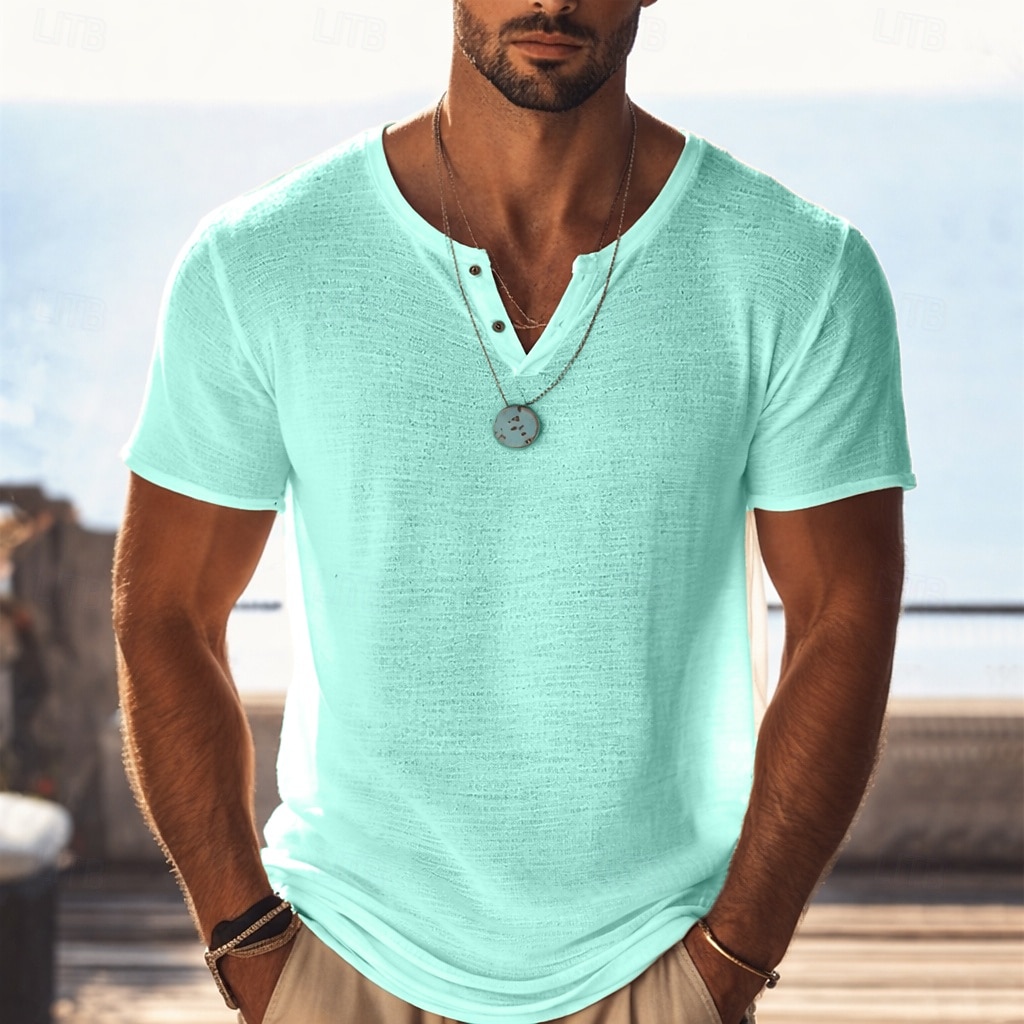 Herr T-shirt Stickad T-shirt T-tröja Kortärmad V-hals Sommar Ensfärgat Mode Lättvikt Grundläggande Nät Stickat Slät Ledigt Semester Gata Blå Svart Ljusgrön Topp t-shirt för män 2026 - $16.49 –P5