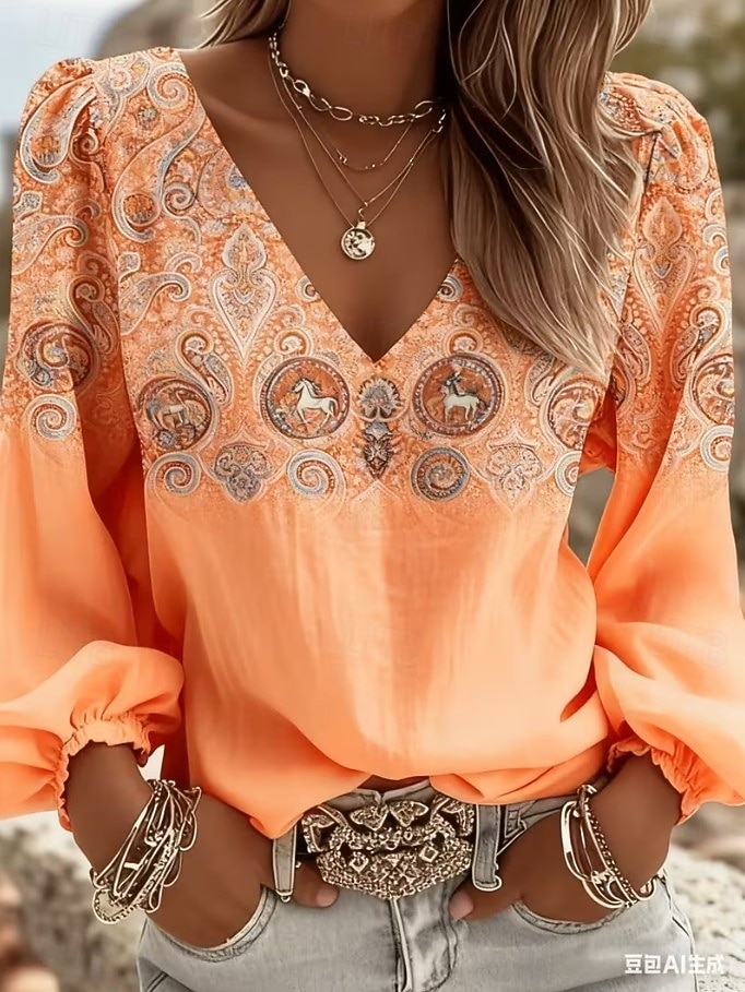Dame Skjorte Boho skjorte Trykt mønster Blomstret Grafisk Paisly Elegant Bohem Ferie Langermet V-hals Lange topper Avslappet Daglig Ferie Lysegrønn Lys Lilla Oransje Sommer Vår 2026 - $29.99 –P5
