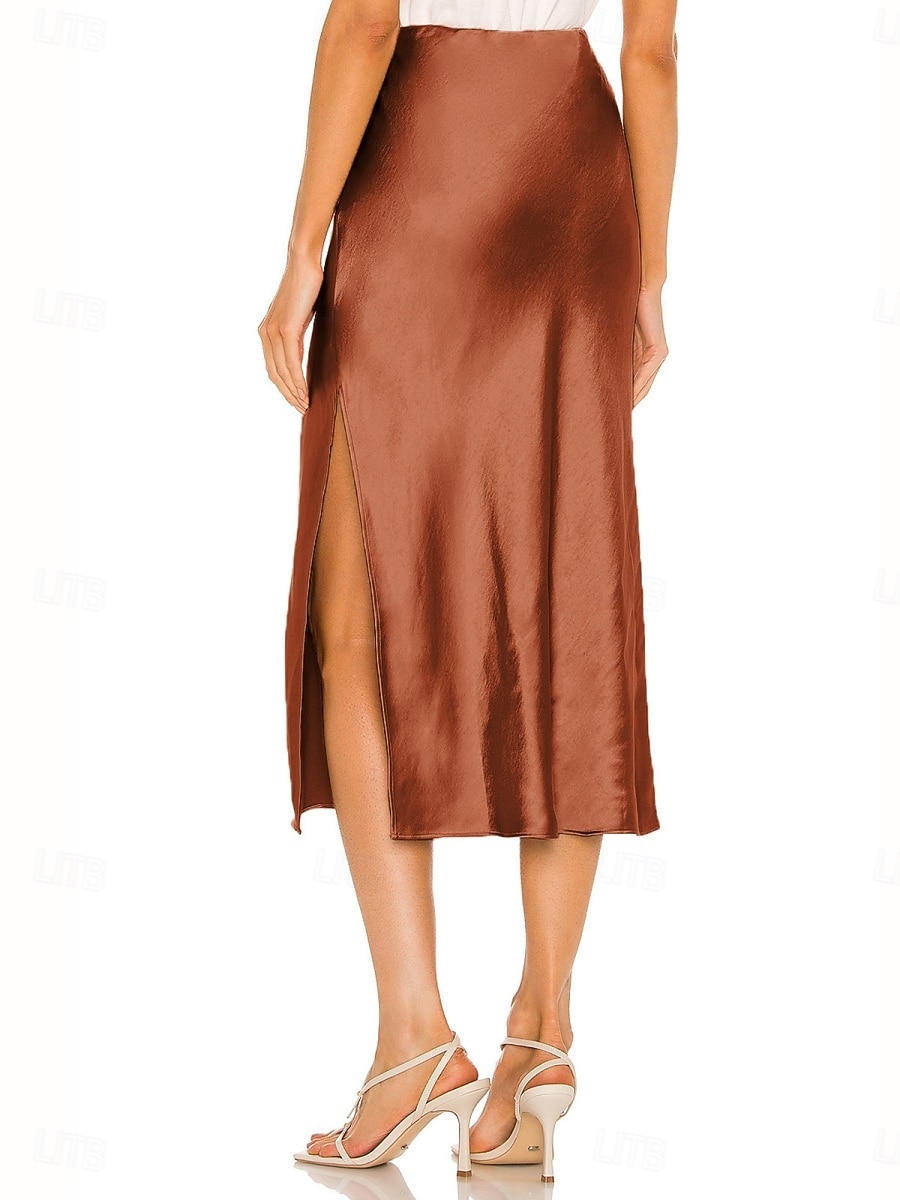 Per donna Gonne in raso Elegante Moda Midi Vita Alta Gonne Semplice Con Spacco Micro-elastico Feste Data Nero Champagne Marrone Verde Estate del 2026 a $29.99 –P15