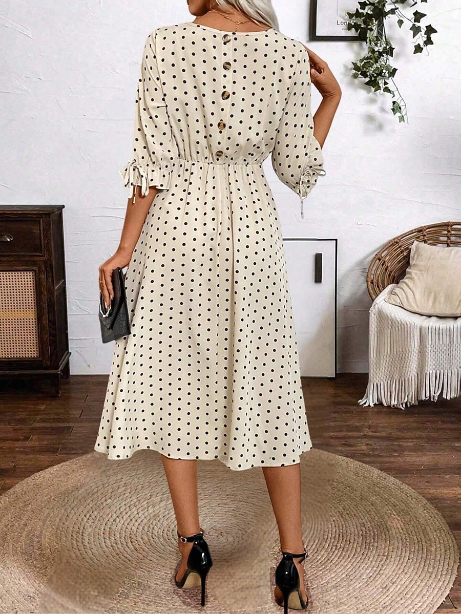 Damen Midikleid A Linie Kleid Sommerkleid Urlaub Lässig Täglich Date Normale Passform Grafik Tupfen Halbarm Rundhalsausschnitt Beige Sommer Frühling 2026 - $31.99 –P3