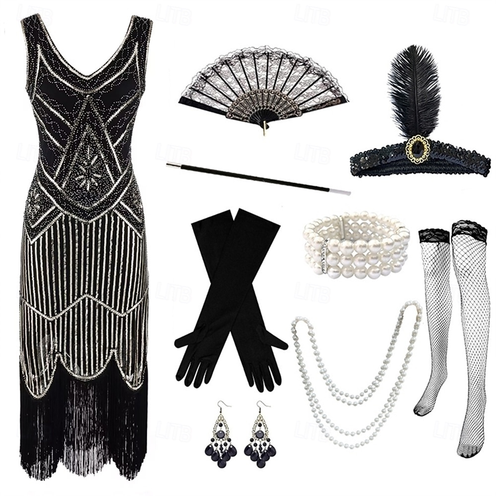 Zabytkowe Ryczące 20s 1920 roku Do kolan Sukienka w stylu lat 20-tych Rękawiczki Nakrycie głowy Bez rękawów Wielki Gatsby Czarleston Cekiny Frędzel Strój na bal maskowy Damskie Halloween Karnawał 2026 - $64.99 –P8