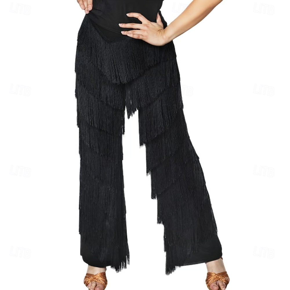 Calças latinas femininas pretas com franjas em camadas - calças de pernas largas com franjas em várias camadas para dança de salão e salsa. & desempenho de 2026 por $73.99 –P1