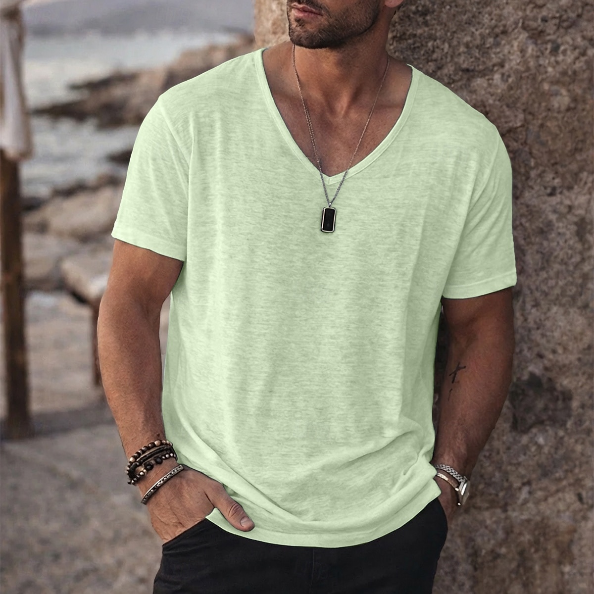 Per uomo Maglietta Camicia a Maniche Corte Maglietta in lino Manica Corta Scollo a V Estate Primavera Tinta unica Semplice Striscia di Fossa Streetwear Elegante Casual Puro Casuale Quotidiano del 2026 a kr.196 –P9