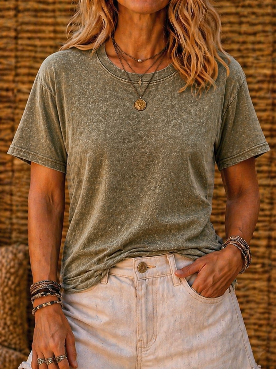 Camiseta softfade™ para mujer, 100% algodón, estilo vintage, con efecto desgastado, manga corta, cuello redondo, estilo casual, ideal para el día a día en la playa. Colores: rosa, rojo, azul, verde hierba, negro, naranja, verano y primavera. 2026 - $21.99 –P11