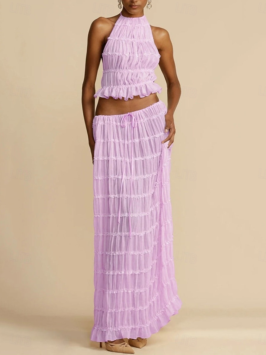 Women's Two Piece Sets Skirt Sets Sleeveless Halter Neck Solid Color Plain Patchwork Fashion Streetwear Casual Daily Outdoor Blue Black Yellow Summer Regular Fit 2026 - $33.99 –P8