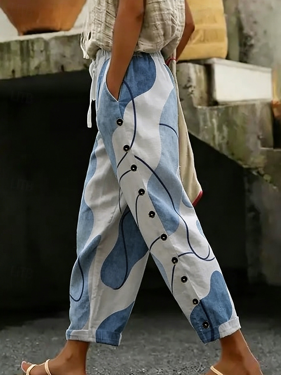 Per donna Finto cotone e lino Pantaloni Pantaloni casual Pantaloni Estivi Vacanza Moda Essenziale Lunghezza alla caviglia Misura del girovita medio Grafico Geometrico Astratto Tasche Laterali Stampato del 2026 a $37.99 –P2
