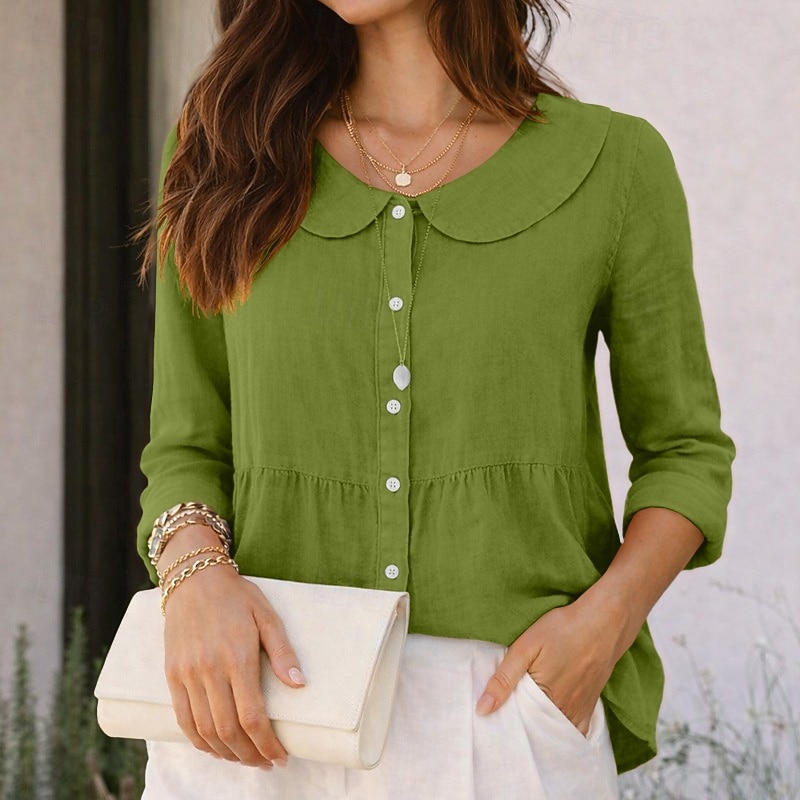 Damskie Koszula Codzienna koszula Zapinana na guziki koszula Sztuczna bawełna len Guziki Jednokolorowe Równina Urlop Moda Codzienny Kołnierzyk Piotruś Pan Zwykłe topy Streetwear Plaża Święto Czarny 2026 - $22.99 –P9
