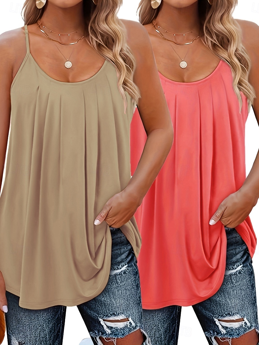 Confezioni multiple 2 pezzi Per donna Scollo a V Senza Maniche Verde + rosa Canotta Maglietta senza maniche Maglietta Pieghettato Tinta unica Casuale Quotidiano Poliestere Estate del 2026 a $37.99 –P1