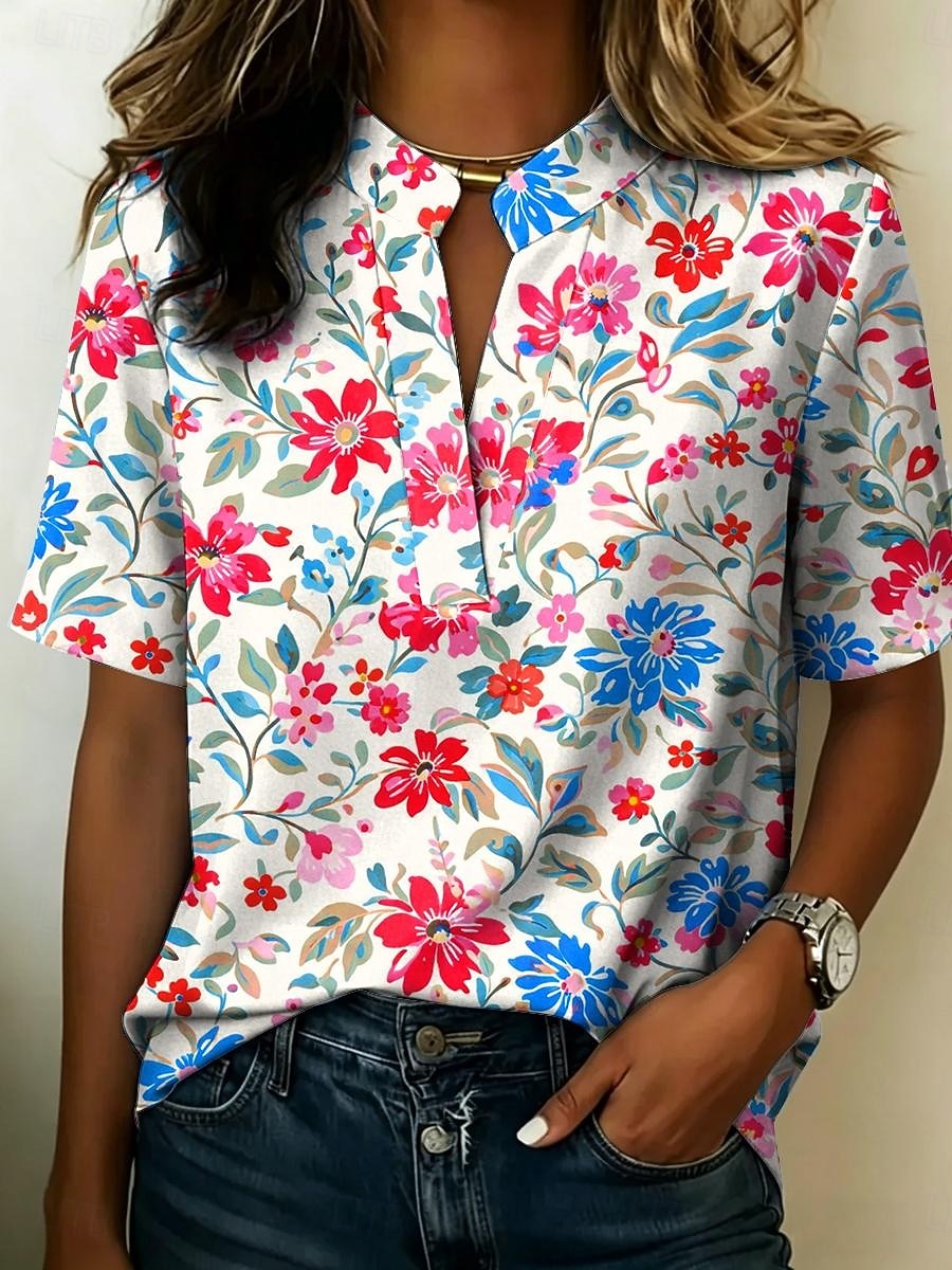 Per donna Blusa Bottoni Stampato Floreale Grafico Vintage Elegante Moderno Mezza Manica Colletto a Camicia Top Regolari Casuale Quotidiano Blu Giallo Rosso Viola Estate Primavera del 2026 a $21.99 –P1