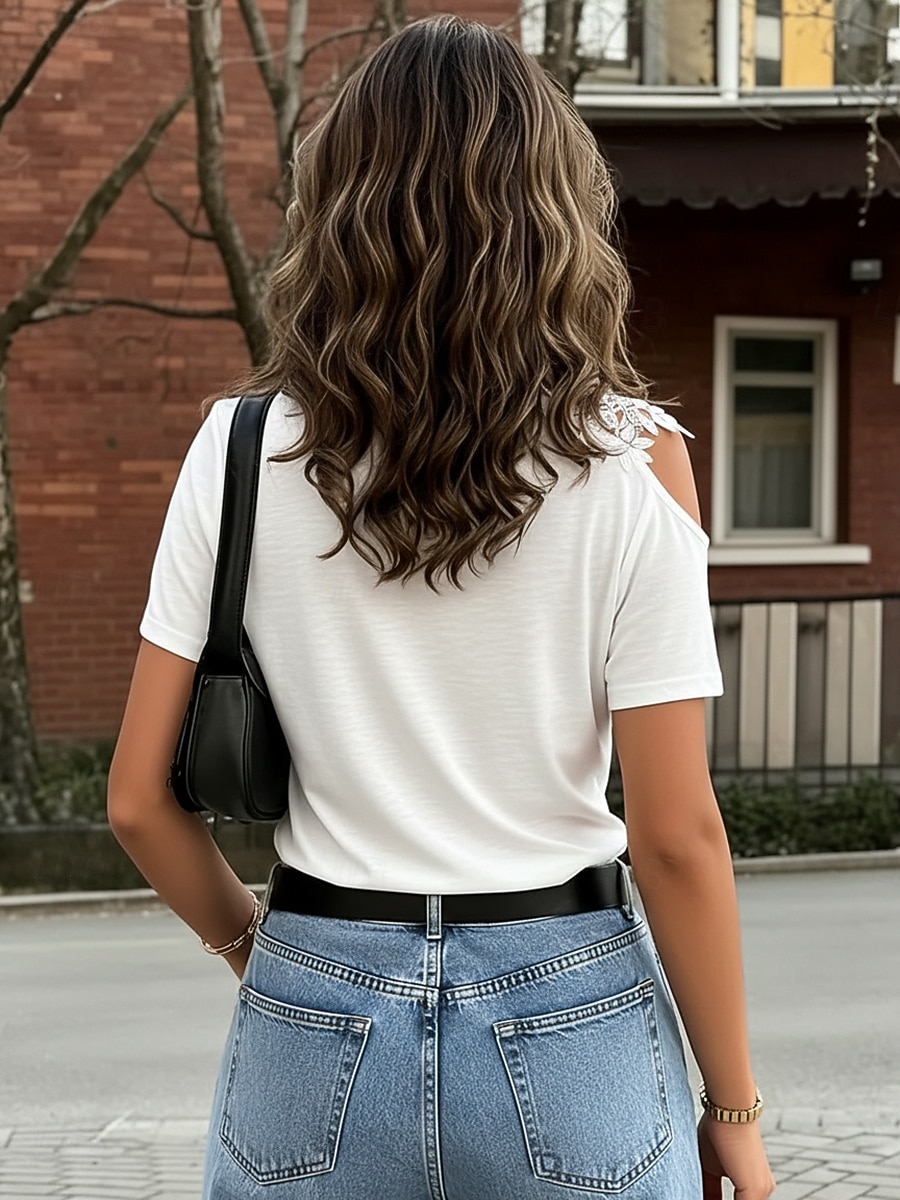 Mujer Camiseta Camiseta superior Encaje Retazos Plano Moda Elegante Clásico Manga Corta Asimétrico Tops regulares Casual Diario Noche Negro Blanco Verde Trébol Verano Primavera 2026 - $19.99 –P2