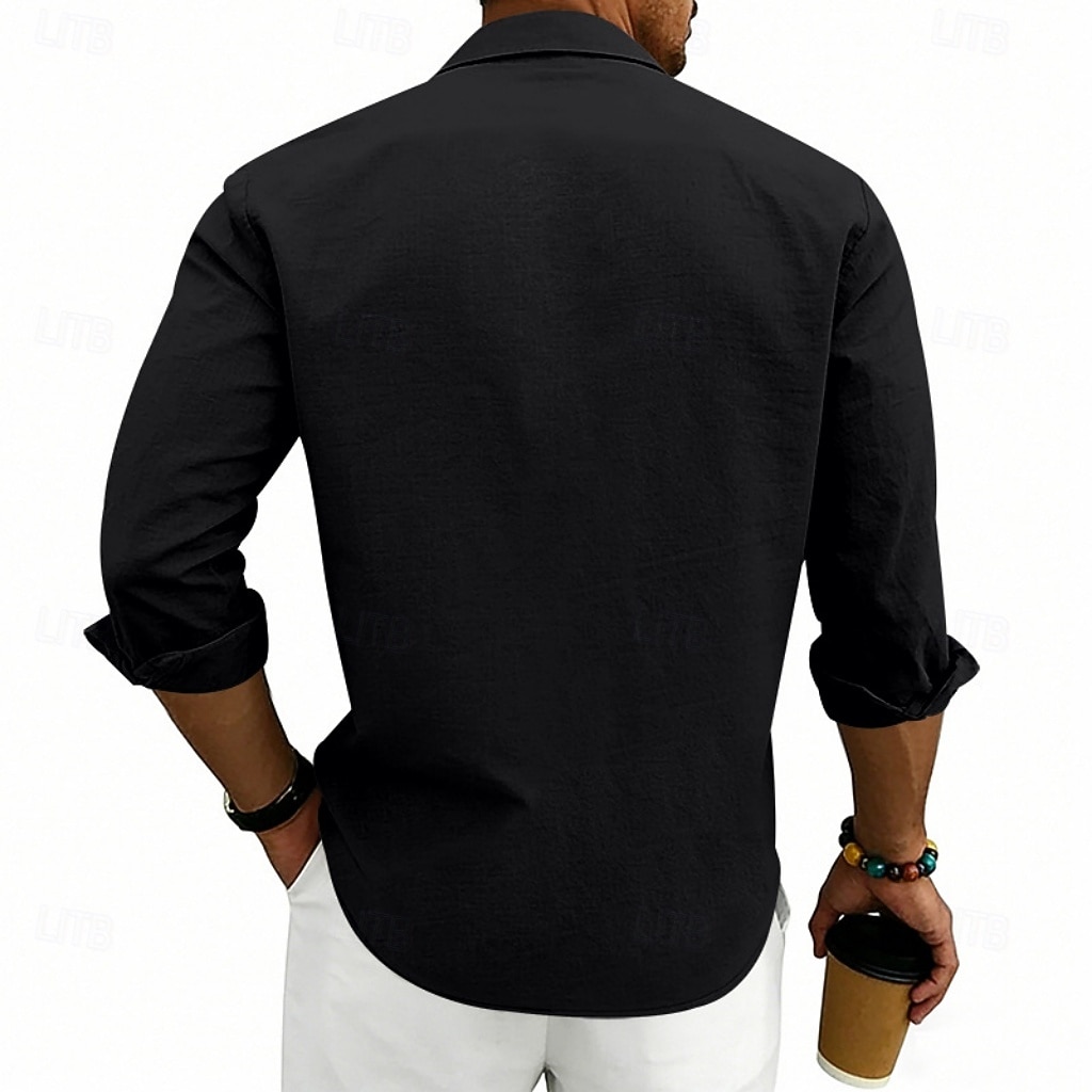 Herren Hemd Leinenhemd Sommerhemd Strandhemd Einfach Lässig Urlaub Schwarz Weiß Marineblau Khaki Langarm Umlegekragen Sommer Frühling Bekleidung Patchwork 2026 - $25.99 –P12