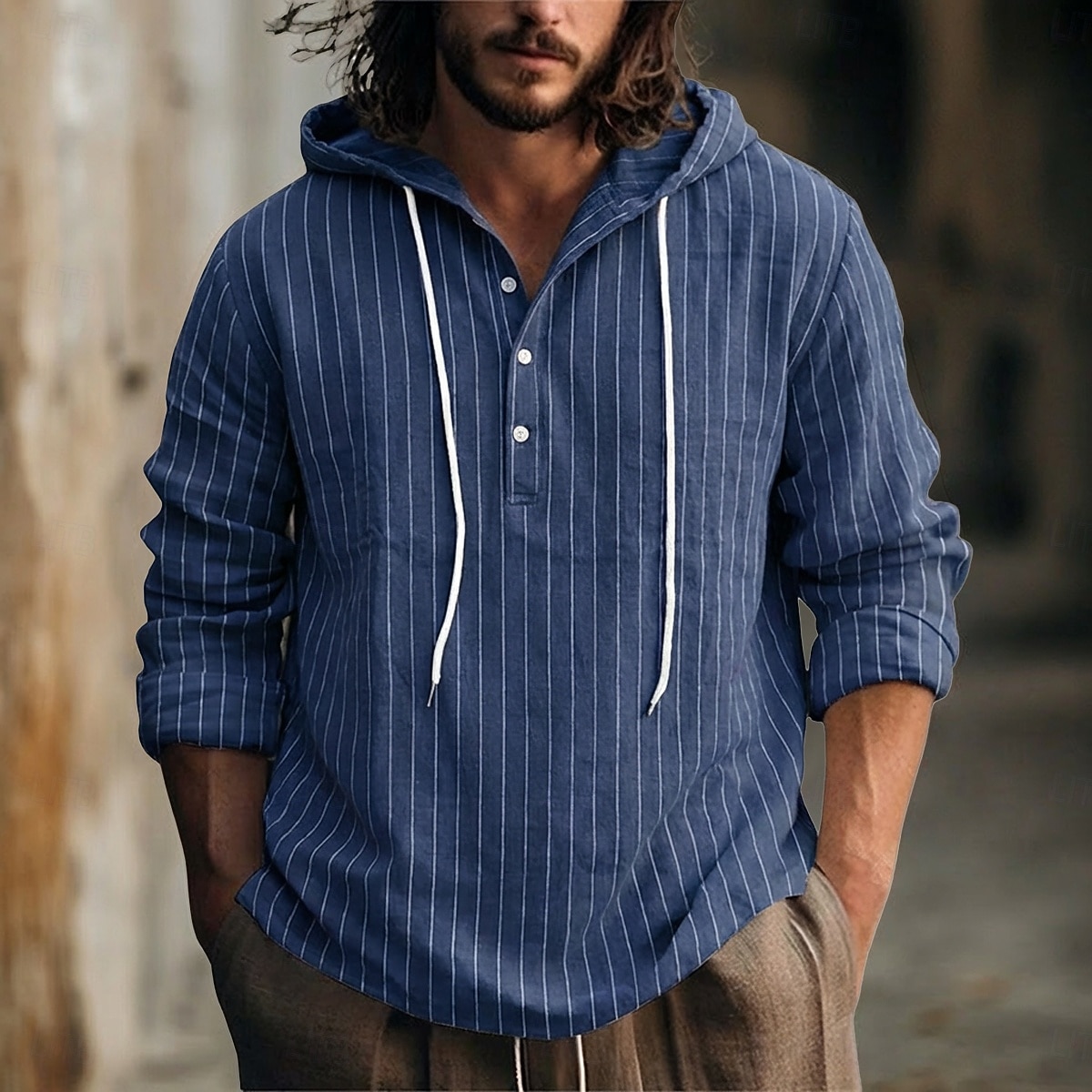 Homme Chemise Chemise en lin Chemise d'été Tenue de plage Chemise à capuche Chemises à rayures Bandes verticales Occasionnel Vacances Noir Blanche bleu marine Vert manche longue Sweat à Capuche Ét de 2026 ? $26.99 –P7