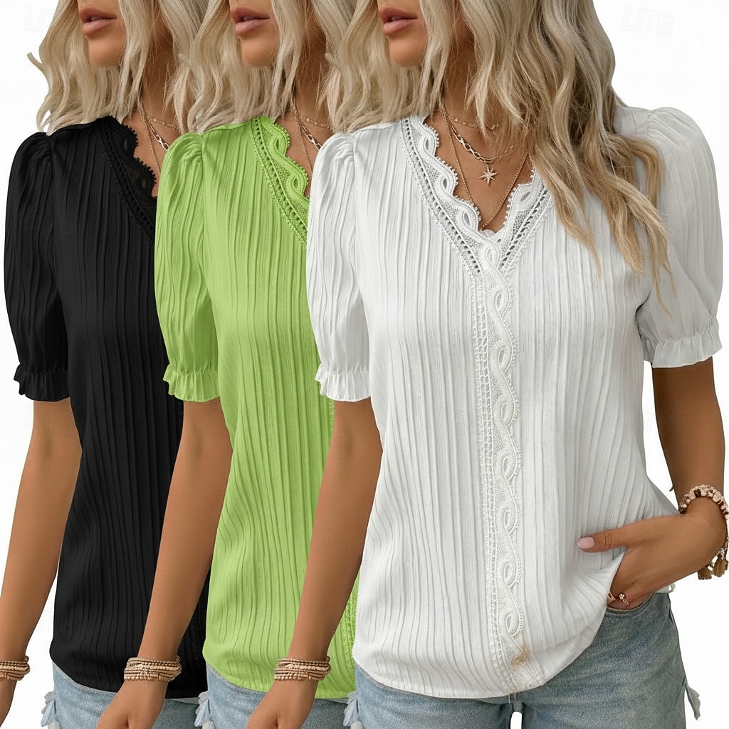 pachete multiple 3 buc bluză texturată pentru femei tricou top dantelă patchwork simplu modă elegant clasic mânecă scurtă decolteu în V topuri obișnuite casual zilnic plajă alb+fucsia+galben 2026 - $38.99 –P7