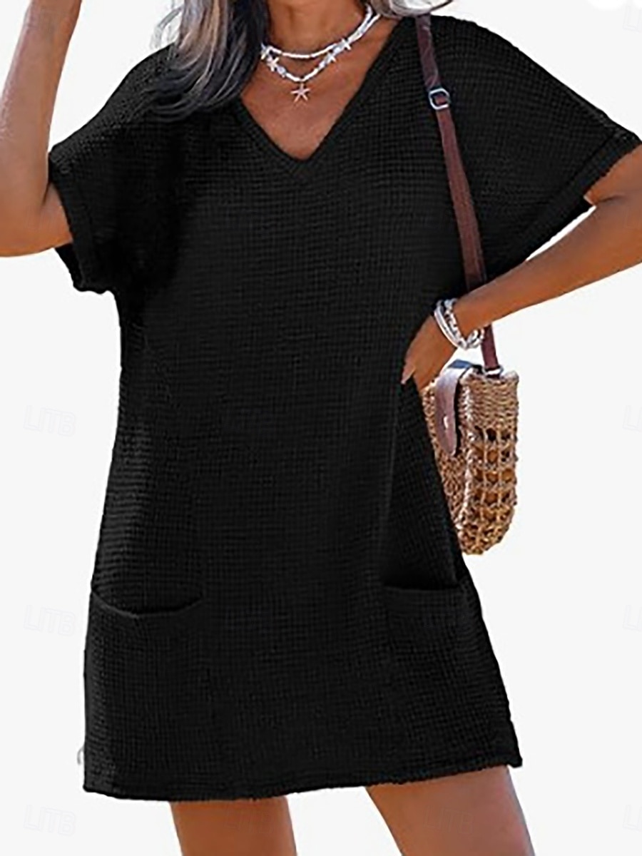 Жен. Купальники Накидка Купальное платье Платья купальник Пэчворк Карман Отпуск Одежда для пляжа Полотняное плетение V-образный вырез Короткие рукава Купальники 2026 - BHD 9.2 –P3