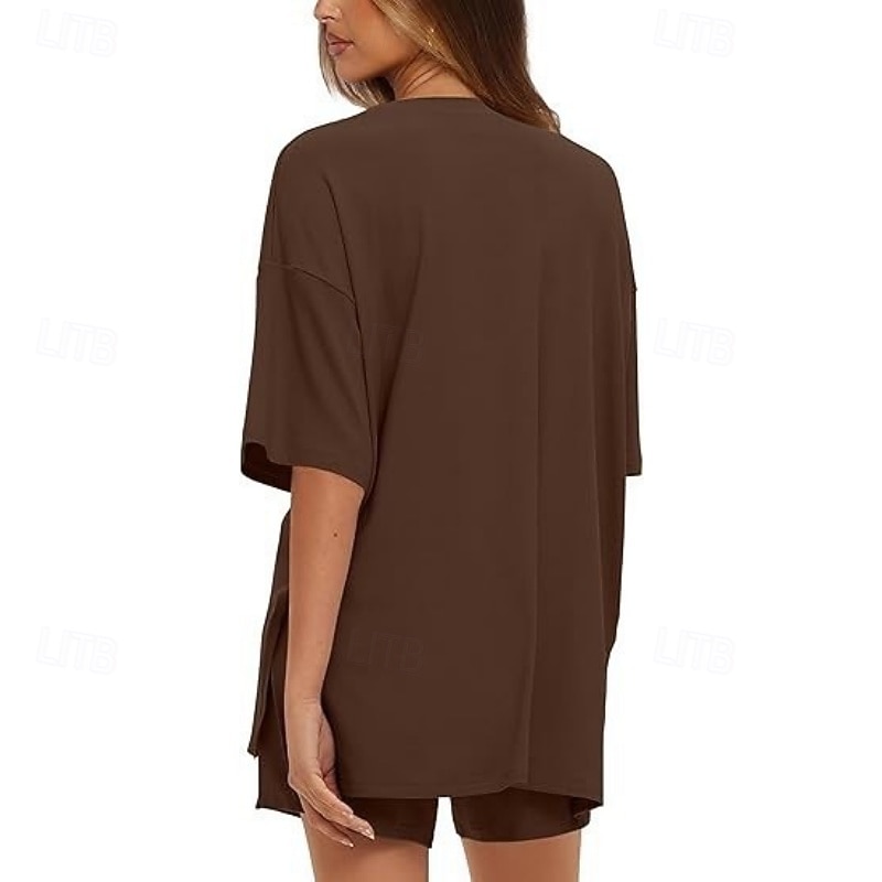 Women's Two Piece Sets Shorts Sets Short Sleeve Round Neck Plain Fashion Streetwear Casual Daily Outdoor Black Brown Summer Regular Fit 2026 - $28.99 –P6
