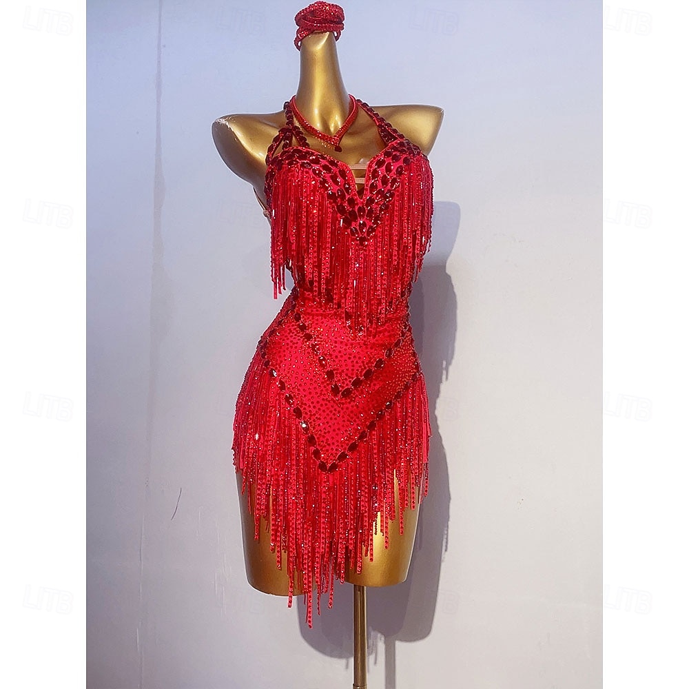 Women's Red Sequin Fringe Latin Dance Dress Halter Deep V Ballroom Competition Dress 2026 - $477.39 –P1
