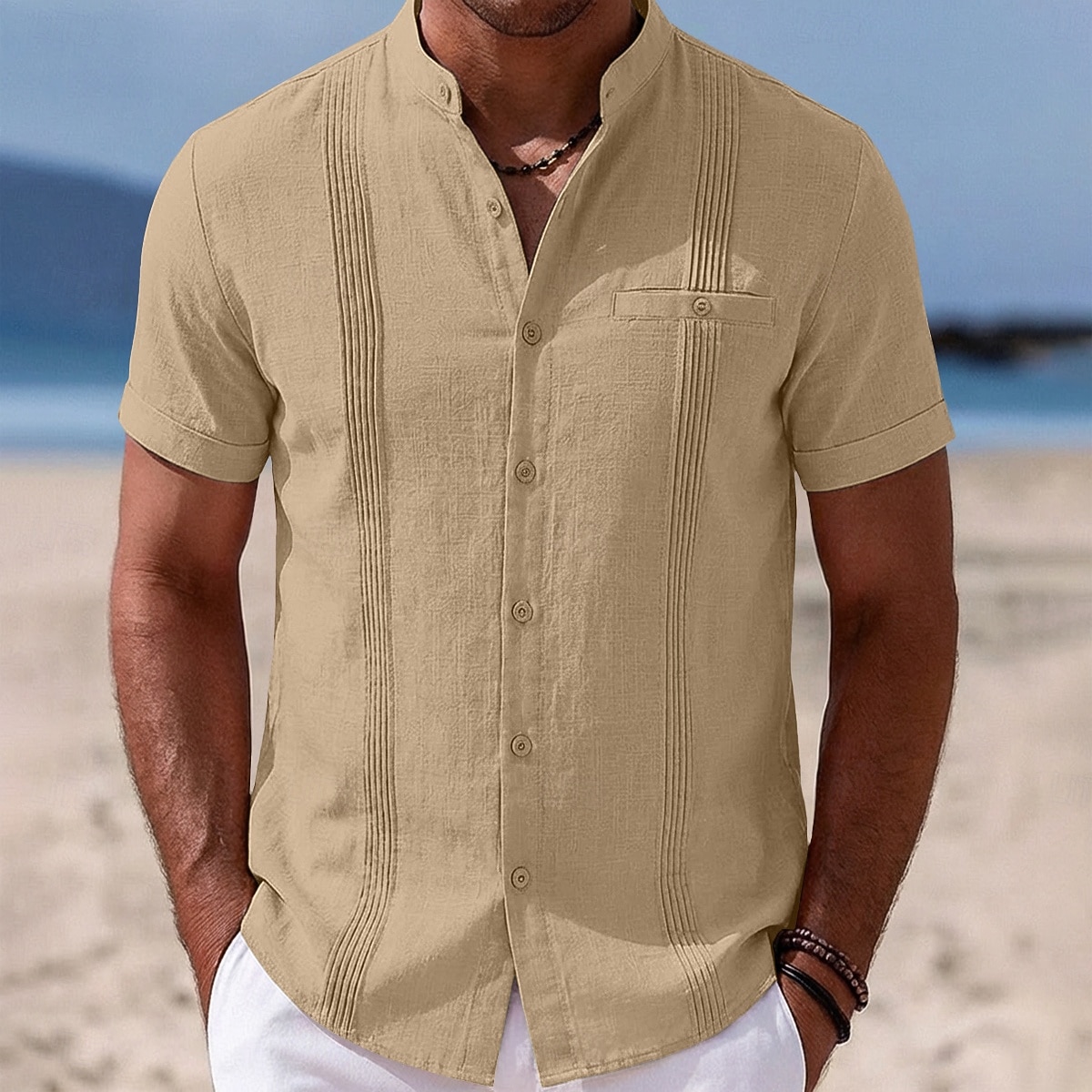 Herr Skjorta Linneskjorta Sommarskjorta Strandskjorta Hawaii skjorta Ensfärgat Ledigt Dagligen Blå Mörkgul Svart Marinblå Kortärmad Krage Vår & sommar Sommar Kläder Rynkad 2026 - $25.99 –P4