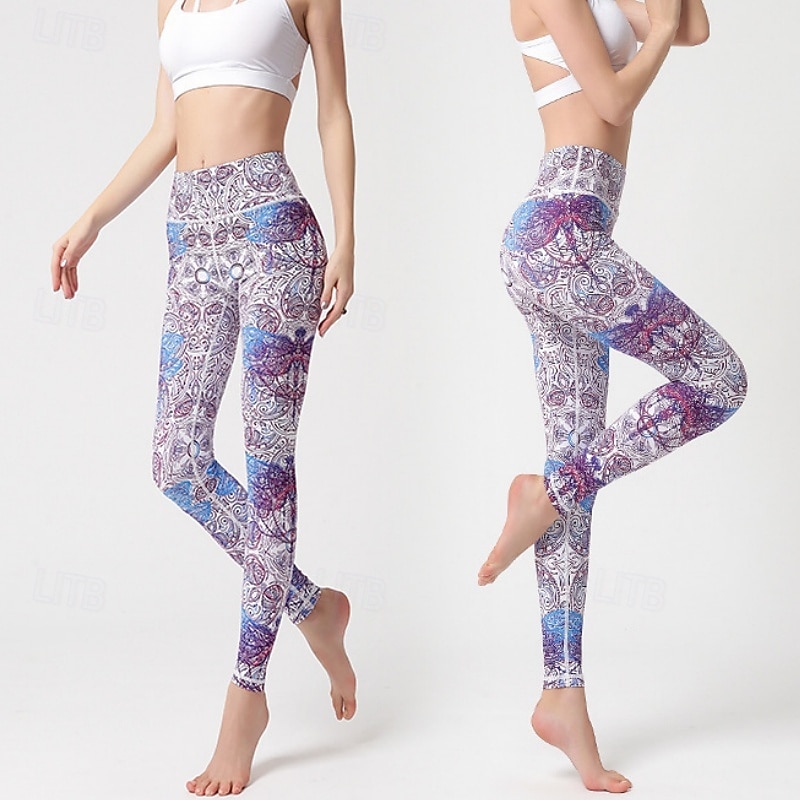 Dames Pilatesbroek Yogabroek Billenlift met ruche Hoge taille Sportschooltraining Hardlopen Fitness Legging Kleding Onderlichaam Flora Amethist Wit Blauw Sport Sportkleding Hoge Elasticiteit 2026 - $23.99 –P13