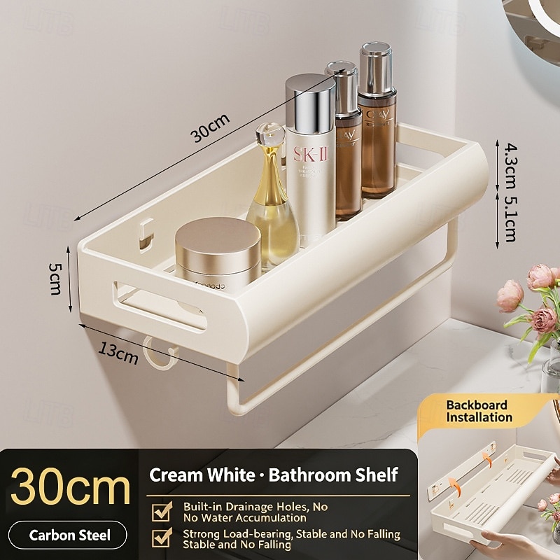 Prateleira de parede para banheiro, estilo creme, 30/40/50 cm – organizador para pia e vaso sanitário, sem necessidade de furar, economiza espaço, durável, fácil de instalar, perfeito para organizar o de 2026 por $18.99 –P9