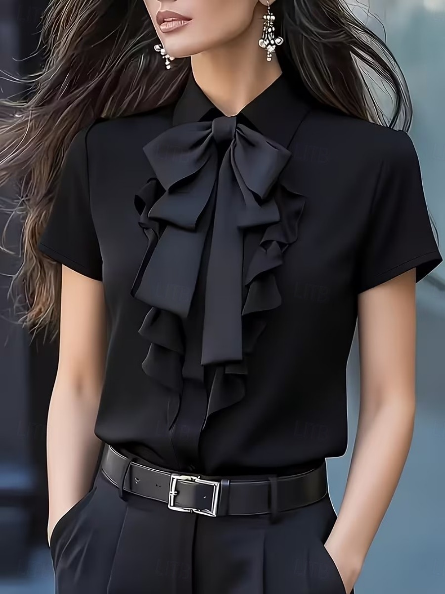 Per donna Camicia Blusa Camicia con volant Volant Fiocco Tinta unica Elegante Essenziale Classico Manica Corta Colletto a Camicia Top Regolari Quotidiano Ferie Uscire Nero Bianco Giallo Rosso Estate del 2026 a $28.99 –P3
