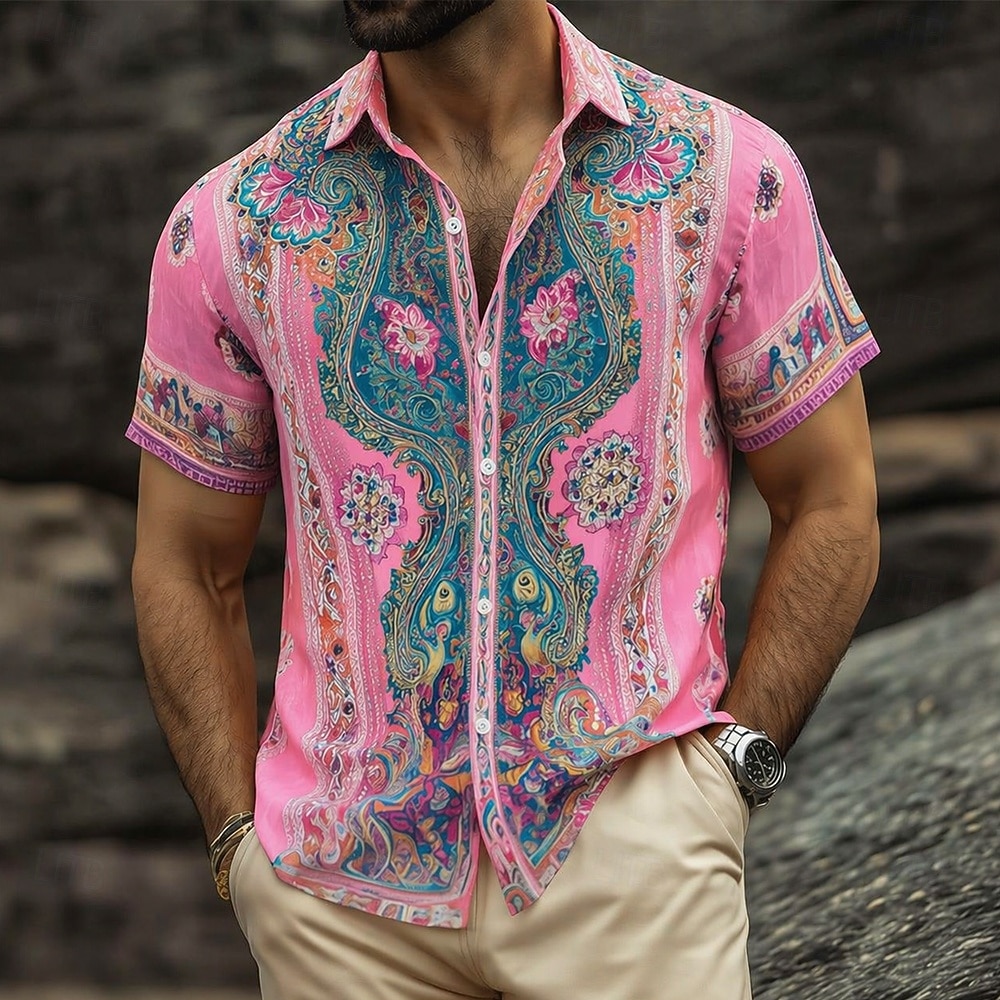 Herren Paisley-Muster Blumendruck Ethnisch Hemd Knopfhemd Kurzarm Vintage-Retro Streetwear Urlaub Sommer Frühling Umlegekragen 3D-Druck Hemden mit Kragen Blau Rosa Orange Grün 2026 - $25.99 –P2