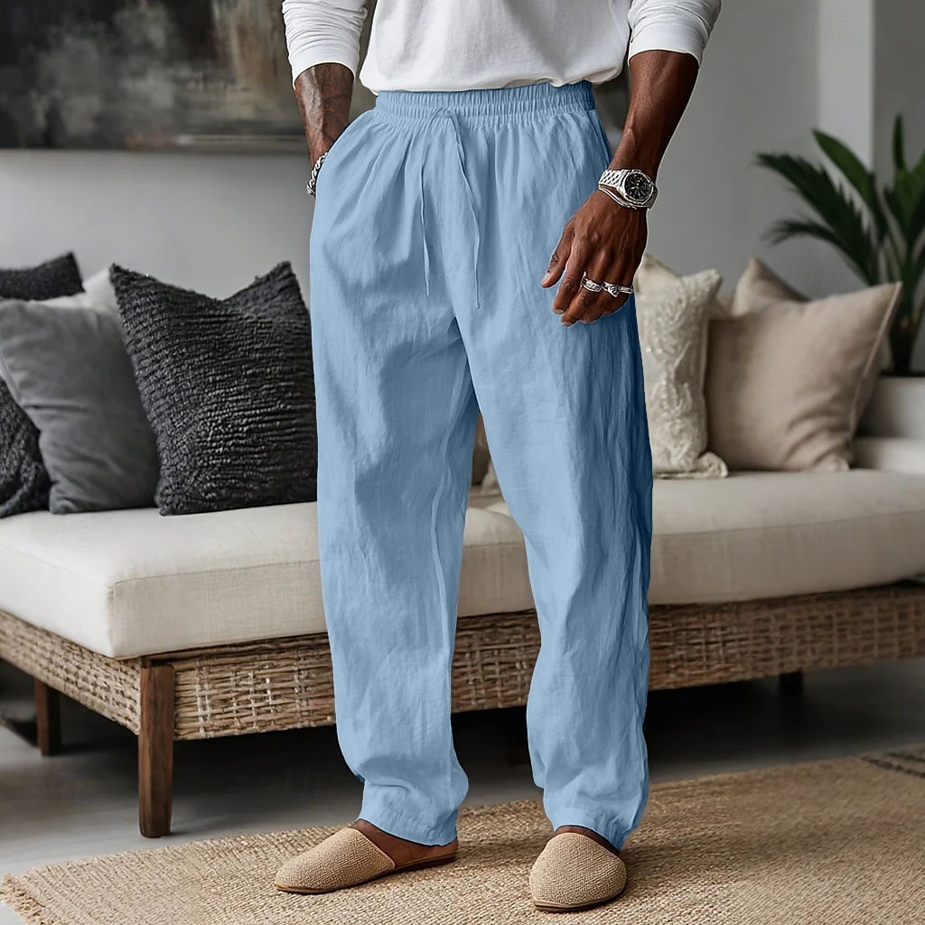 Hombre Pantalones de lino Pantalones Pantalones de verano Pantalones anchos Pantalones de playa Correa Bolsillo Plano Comodidad Transpirable Longitud total Diario Hogar Trabajo Vacaciones Elegante 2026 - $24.99 –P8