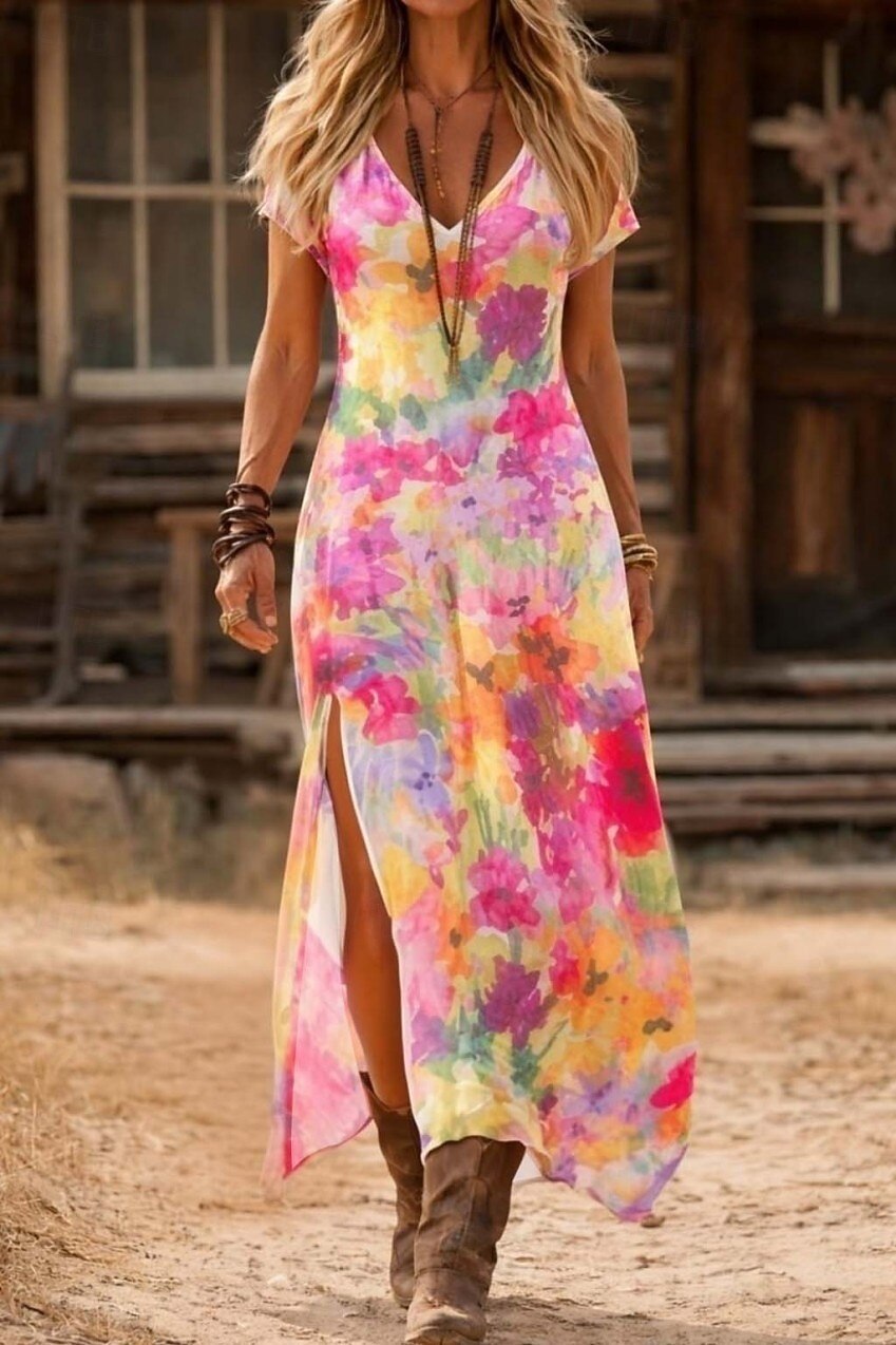 abito lungo da donna boho prendisole abito a trapezio vacanza casual boho spiaggia uscire vestibilità standard floreale grafica manica corta scollo a V arancione rosso rosa estate primavera del 2026 a $29.99 –P1