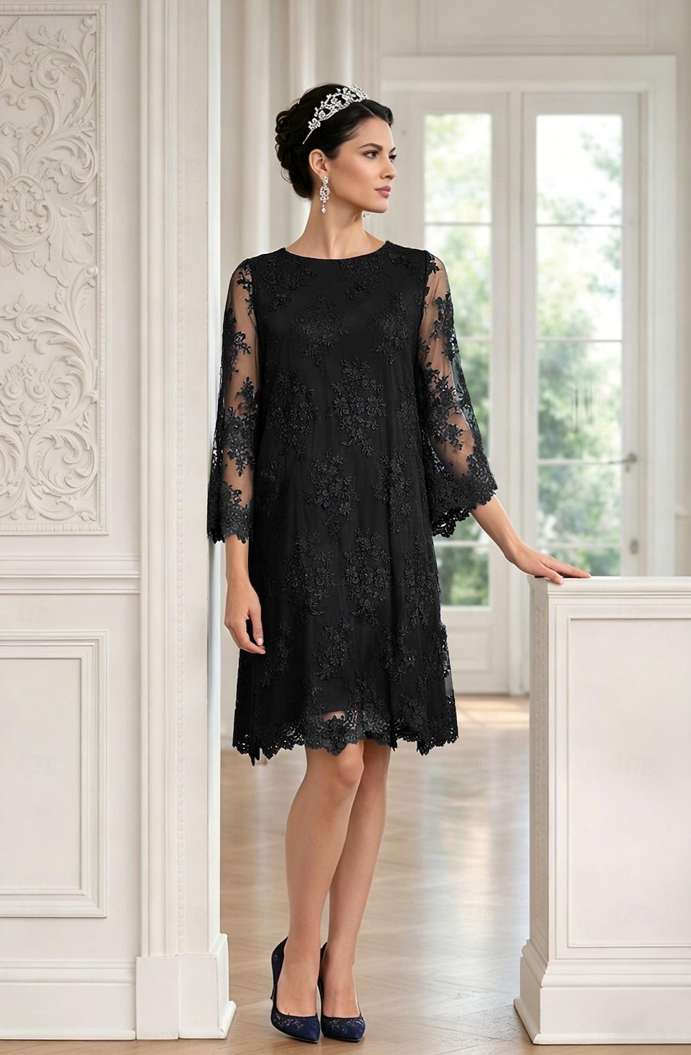 Åtsmitande Kort mini Festklänning Cocktail klänning Bröllopsgästklänning Klänning till brudens mor 3/4 ärm Prydd med juveler Elegant Bröllopsgäst Bröllopsfest Spets Tyll med Applikationsbroderi 2026 - $172.99 –P10