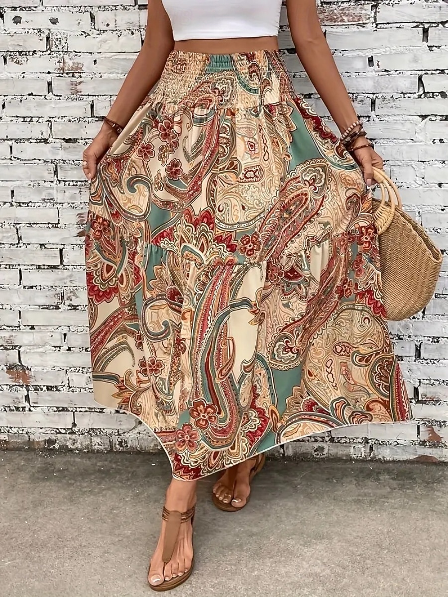 Mujer Falda de vacaciones Bohemia Vintage Casual Maxi Alta cintura Faldas Cachemir Estampado Elástico Diario Calle Negro Vino Rojo Naranja Verano 2026 - $26.99 –P8