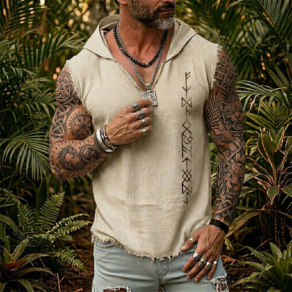 Herren-Weste mit Wikinger-Runen, nordischen Futhark-Mustern, heidnischem Krieger-Boho-Tribal-Stil, ärmellos, Kapuze, Grafik, ausgefranstem Saum, lockerer Passform, Sommer, Strand, Festival, 2026 - $19.99 –P1