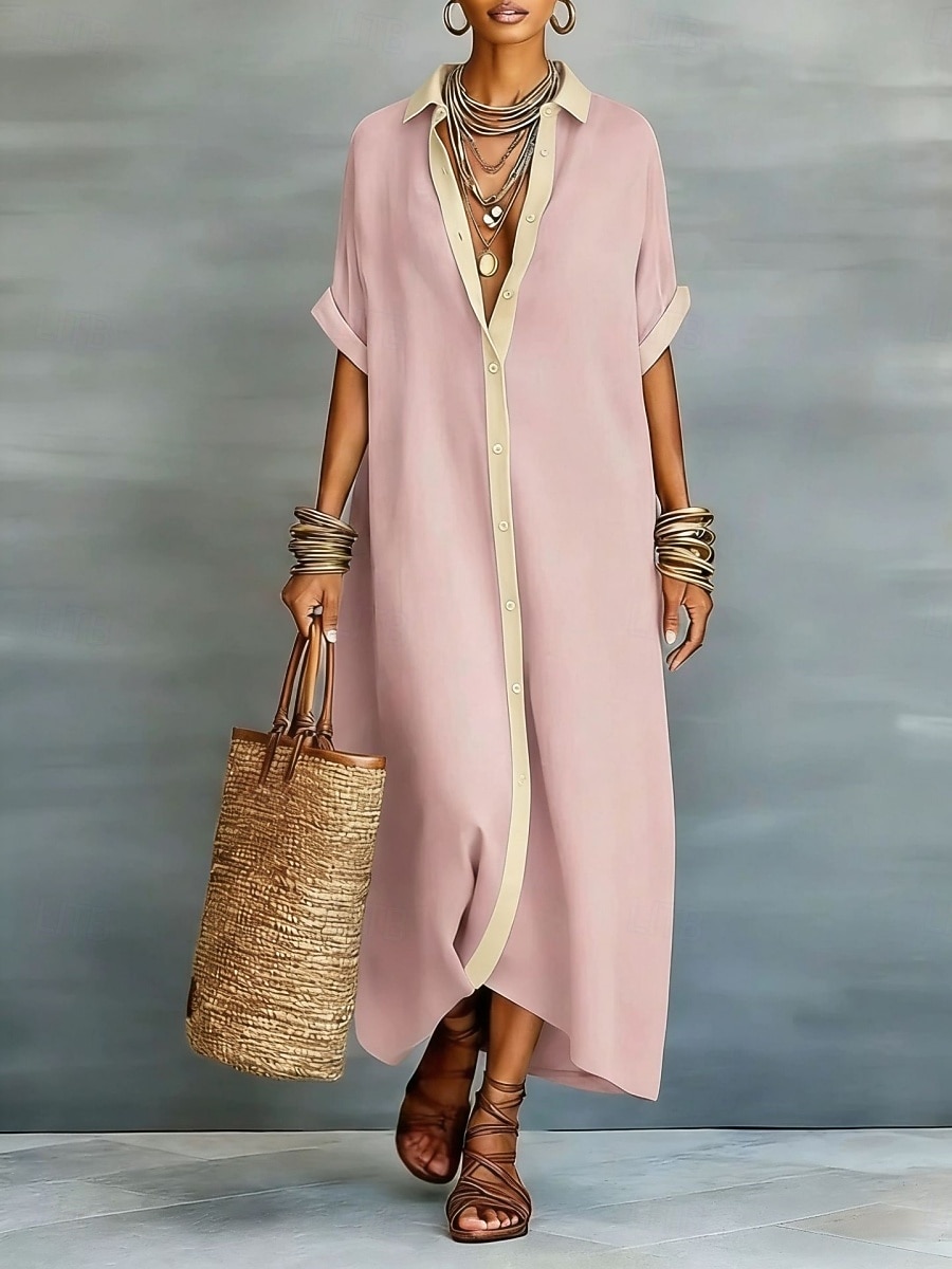 abito lungo da donna in cotone e lino, camicia, abito a tubino, abito estivo, casual, vestibilità ampia, tinta unita, manica a 3/4, risvolto, nero, rosa, azzurro, verde, estate, primavera del 2026 a $14.99 –P4