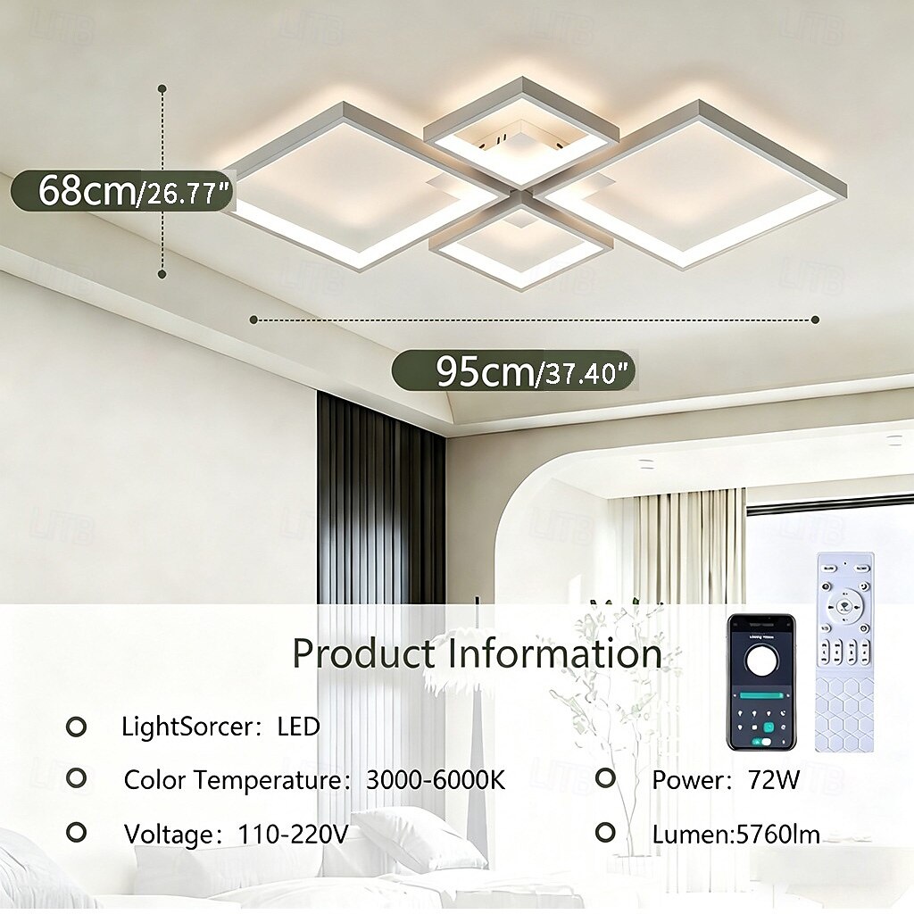 Moderne dimbare led-plafondlamp met afstandsbediening, 4 lichtpunten, aluminium armatuur voor binnenverlichting in woonkamer, slaapkamer, eetkamer, kantoor en keuken, 110-240V. 2026 - $136.99 –P9