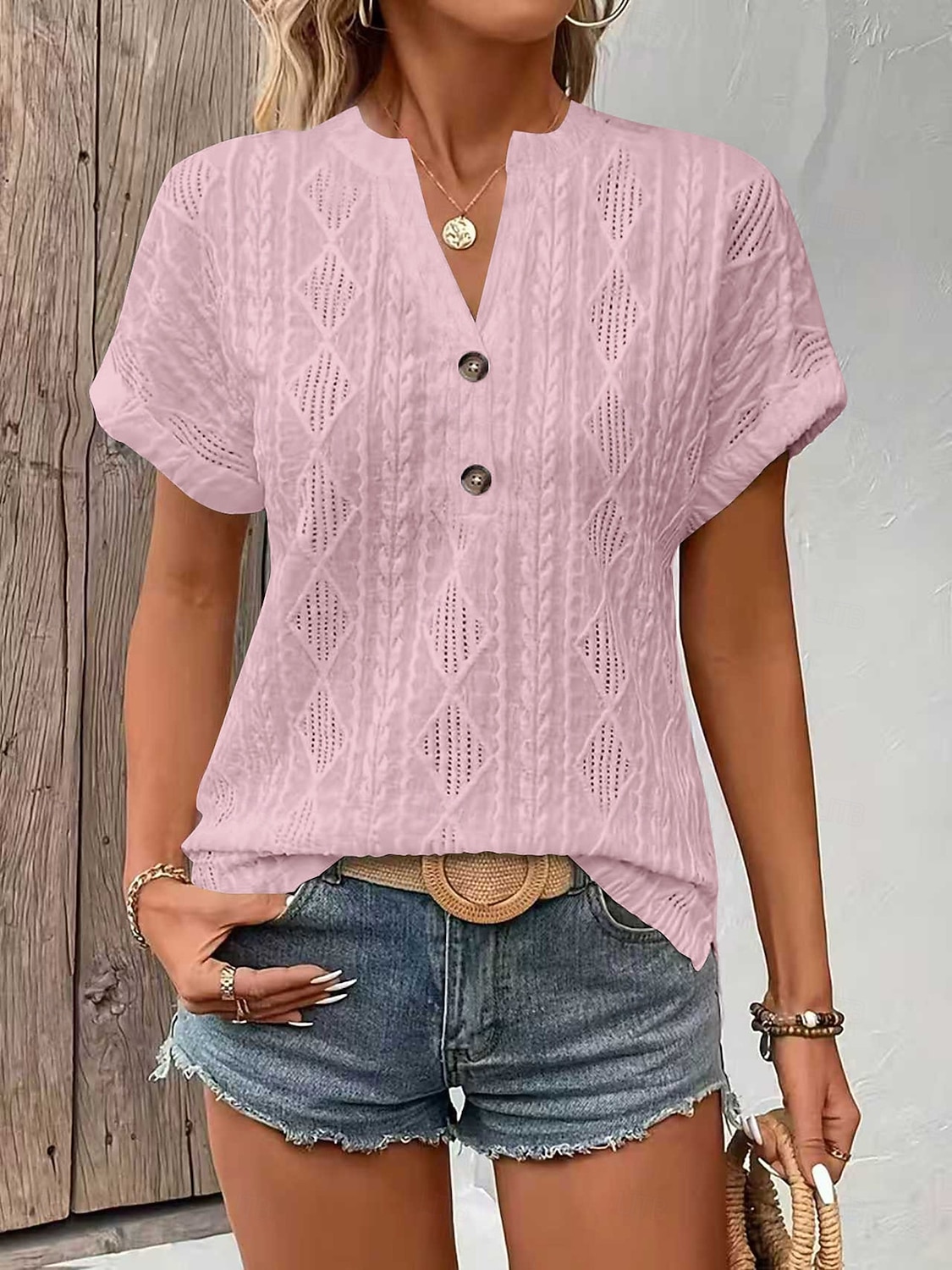 Per donna Blusa Testurizzato Tinta unica Vintage Elegante Essenziale Manica Corta Scollo a V Top Regolari Quotidiano Blu Nero Bianco Rosa Rosso Estate Primavera del 2026 a $28.99 –P12