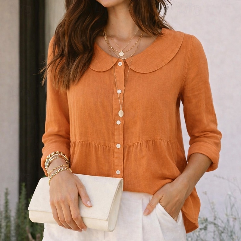 Damskie Koszula Codzienna koszula Zapinana na guziki koszula Sztuczna bawełna len Guziki Jednokolorowe Równina Urlop Moda Codzienny Kołnierzyk Piotruś Pan Zwykłe topy Streetwear Plaża Święto Czarny 2026 - $22.99 –P1