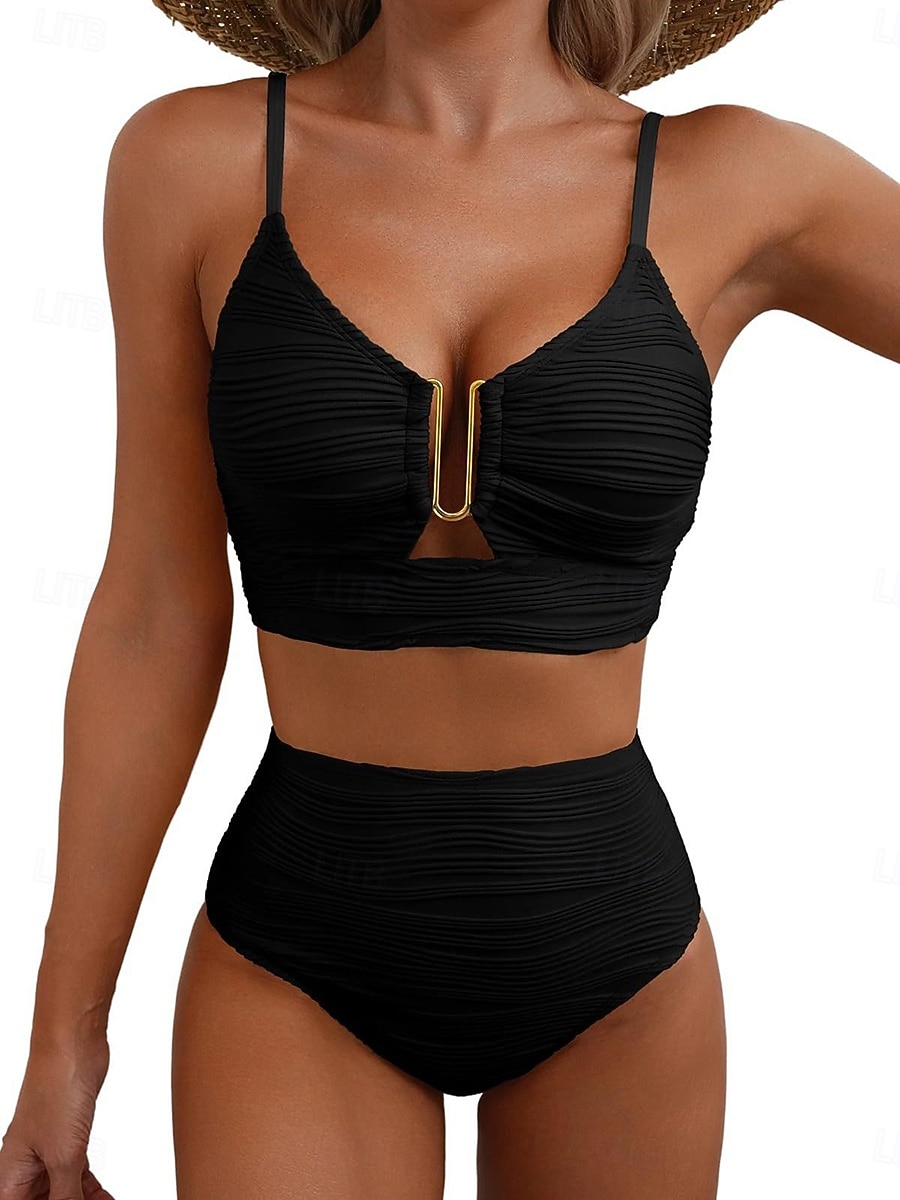 Damen Badeanzug Bikini Zweiteilig Hohe Taillenlinie Bademode Gerafft Rückenfrei Urlaub Strandbekleidung Einfach V Ausschnitt Ärmellos Badeanzüge 2026 - $21.99 –P1
