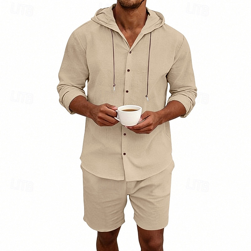 Ανδρικά Πουκάμισο λινό 2 Κομμάτια Σετ πουκαμίσου Και Σορτσάκια Σορτς από λινό Σορτς παραλίας Σειρά Σκέτο Καθημερινά ΕΞΩΤΕΡΙΚΟΥ ΧΩΡΟΥ Διακοπές Με Κουκούλα Μακρυμάνικο Καλοκαίρι Άνοιξη 2026 - $36.99 –P16