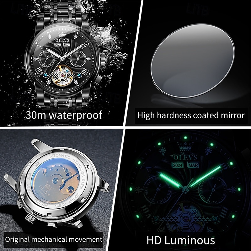 Orologio automatico da uomo Olevs Skeleton, lussuoso orologio da polso da lavoro bicolore in acciaio inossidabile con calendario multifunzione, orologio meccanico analogico luminescente impermeabile, del 2026 a $109.99 –P7