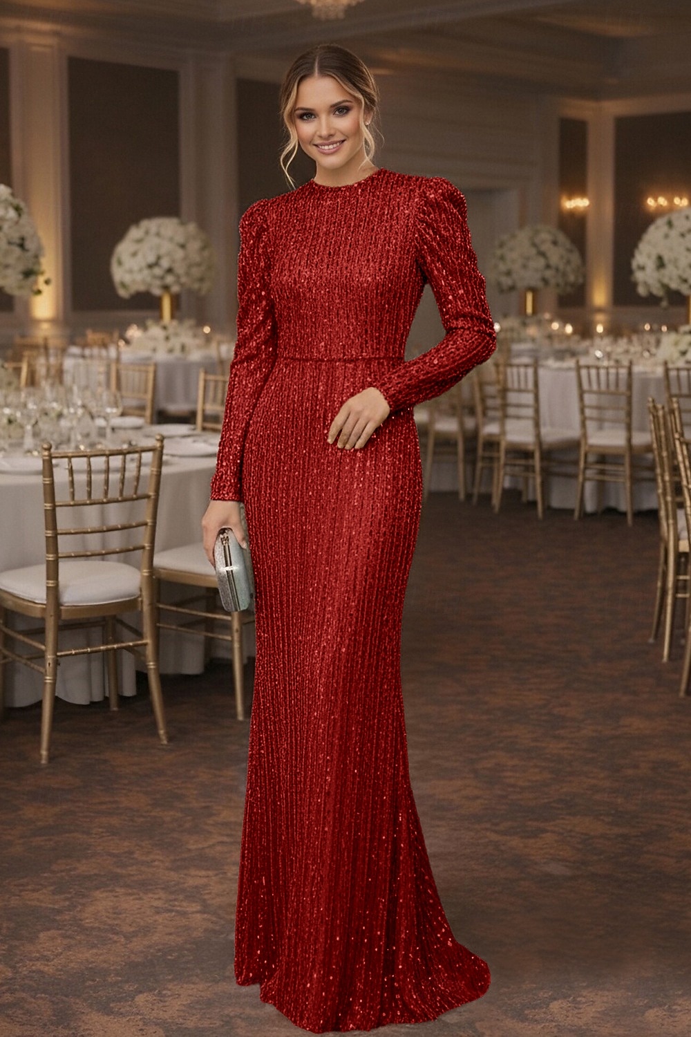 Tubino Colonna Lunghezza al pavimento Abito da invitata a nozze Abito Formale Abito da sera Abiti da Ballo Elegante Manica Lunga Girocollo Balli di fine anno Formale Con Paillettes con Glitter del 2026 a $149.99 –P6