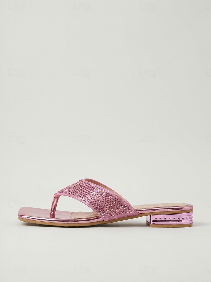 Γυναικεία ροζ φλατ σανδάλια με στρας, βραδινές παντόφλες με ανοιχτή μύτη για δείπνο σε θέρετρο, διακοπές &καλοκαιρινές εκδηλώσεις για πάρτι 2026 - $26.99 –P5