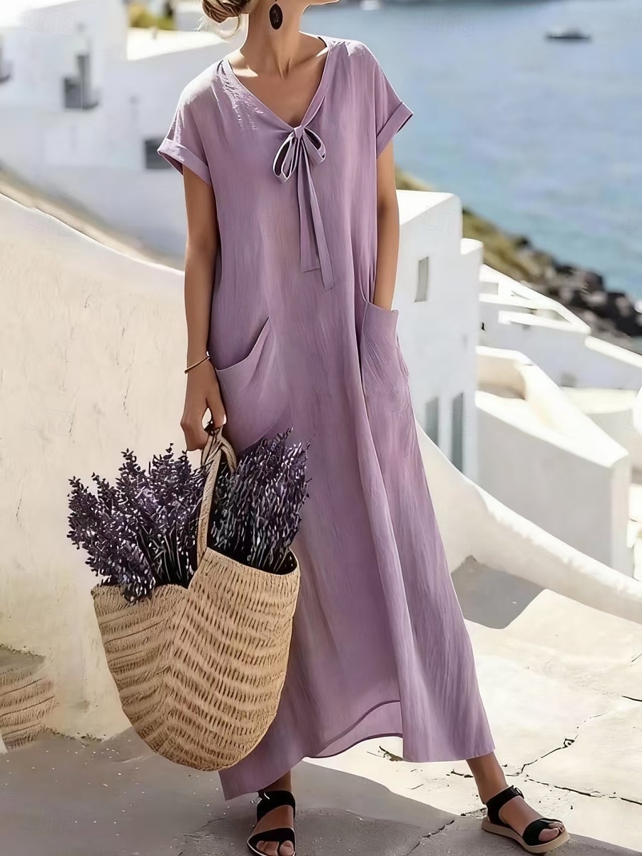 Femmes Robe maxi Robe trapèze Robe d'été Occasionnel Quotidien Coupe Ample Uni Manche Courte Col en V Bleu Ciel Violet Claire Vert Gris Été Printemps de 2026 ? $36.99 –P4