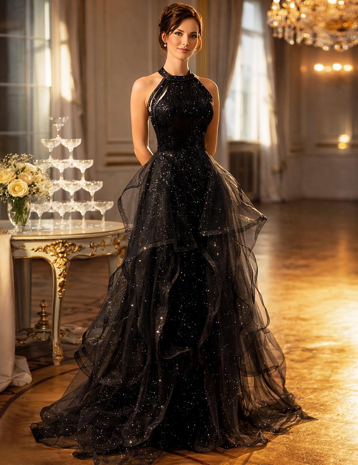 Krój A Tren sweep Suknie balowe Zabytkowe Błyszczące Wróżka Bez rękawów Kantarka Gość weselny Wesele Z cekinami z Dodatki kryształowe Cekin Falbany 2026 - $186.99 –P1