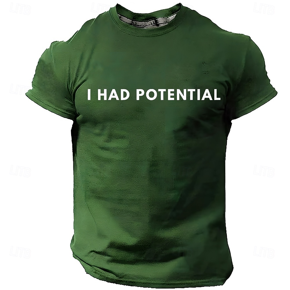 Heren T-shirt met de tekst "I had potential" (grappig, sarcastisch, minimalistisch, meme), normale pasvorm, begaafd, kind, burn-out, humor, casual, dagelijkse designerkleding, maten S, M, L, XL, XXL, 2026 - $19.99 –P3