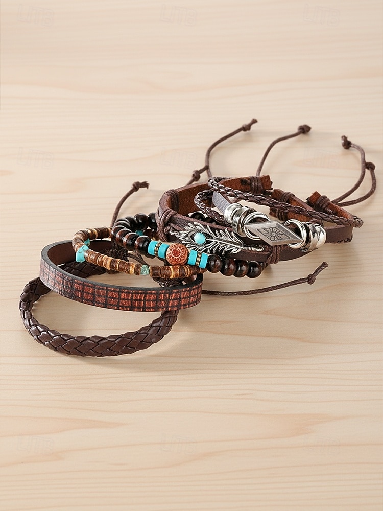 סט צמידים בסגנון בוהמי לגברים, אורך מתכוונן בן 6 חלקים, סגסוגת, קליפת קוקוס &חומר מעורב עץ, מושלם לחופשת חוף, ללבישה יומיומית קז'ואלית 2026 - $11.99 –P7