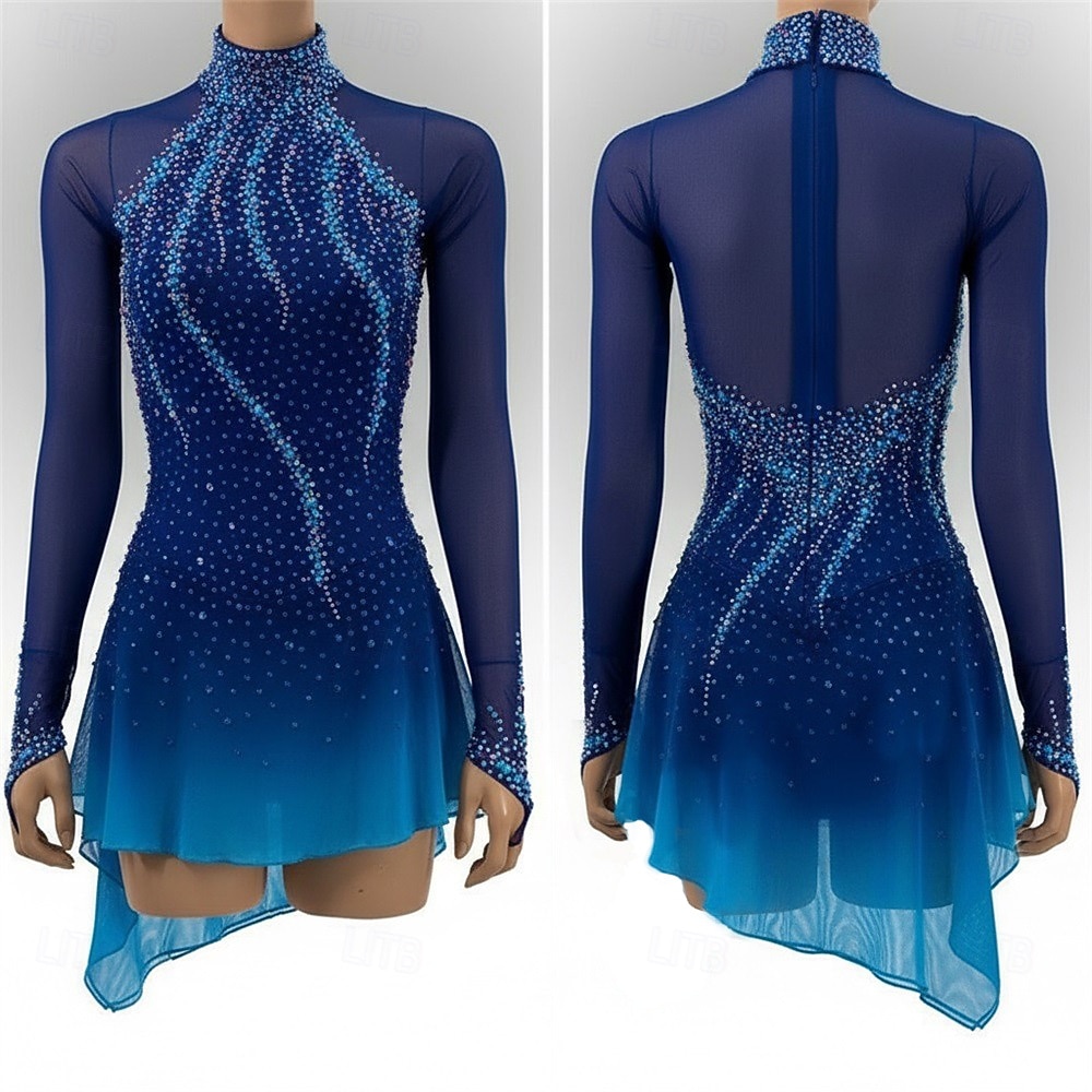 Abito da pattinaggio artistico Per donna Pattinaggio sul ghiaccio Vestito blu navy Patchwork Orlo asimmetrico Alta elasticità Allenamento Competizione Vestiti da pattinaggio sul ghiaccio Classico del 2026 a $264.69 –P1