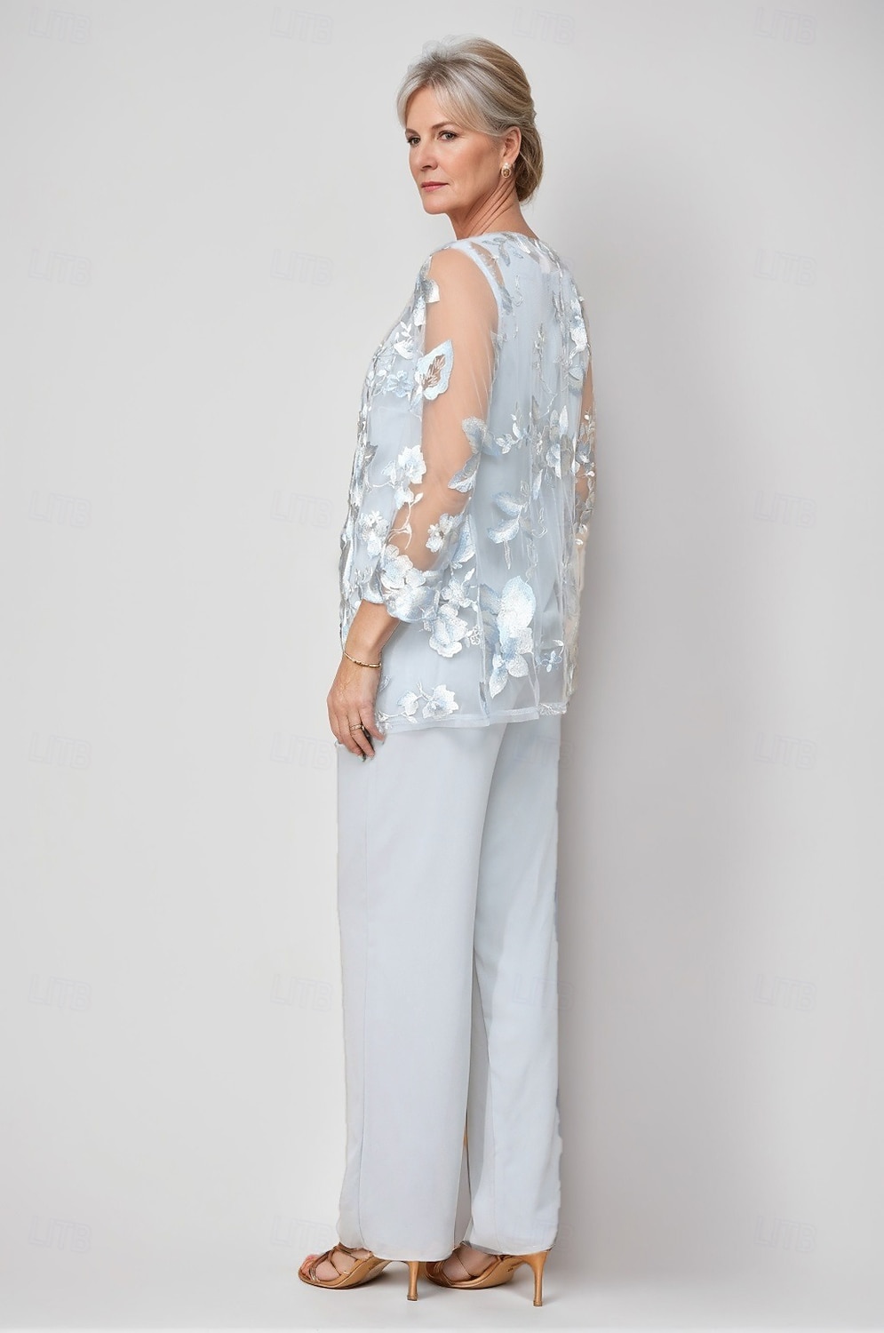 Jumpsuit Pantsuit 3 Piece Floor Length Mother of the Bride Dress Long Sleeve Crew Neck Elegant Formal Wedding Guest Chiffon Wrap Included with Lace Embroidery 2026 - $195.99 –P4