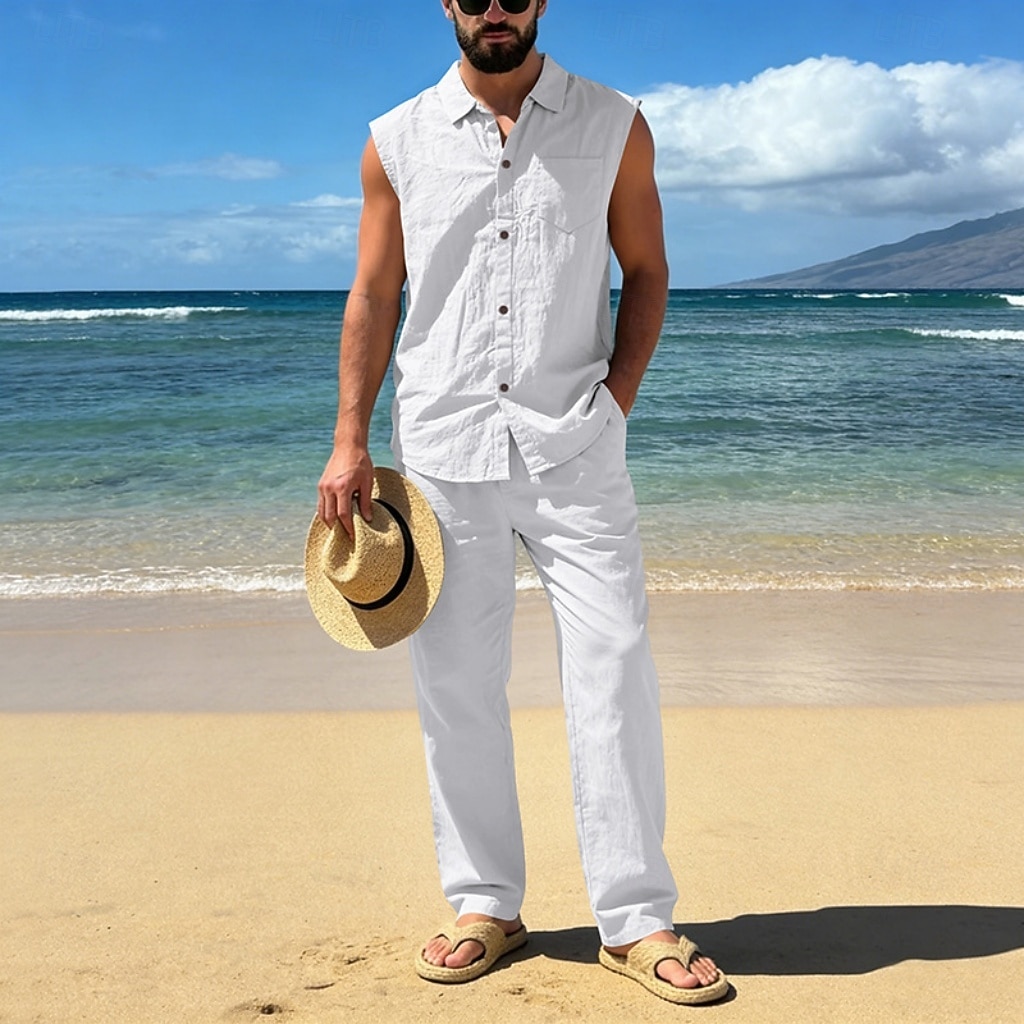 Male Linen Shirt 2 Piece Shirt Set And Linen Pants Trousers Casual Pants Set Plain Daily Outdoor Vacation Turndown Sleeveless Summer Fashion Casual Comfortable Clothing Apparel 2026 - $36.99 –P1