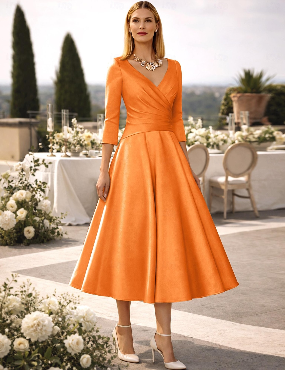 A-Linie Tee-Länge Cocktailkleider Partykleider Elegant Vintage Übergröße Dreiviertelarm V Ausschnitt Hochzeitsgast Satin mit Falten 2026 - $126.99 –P10